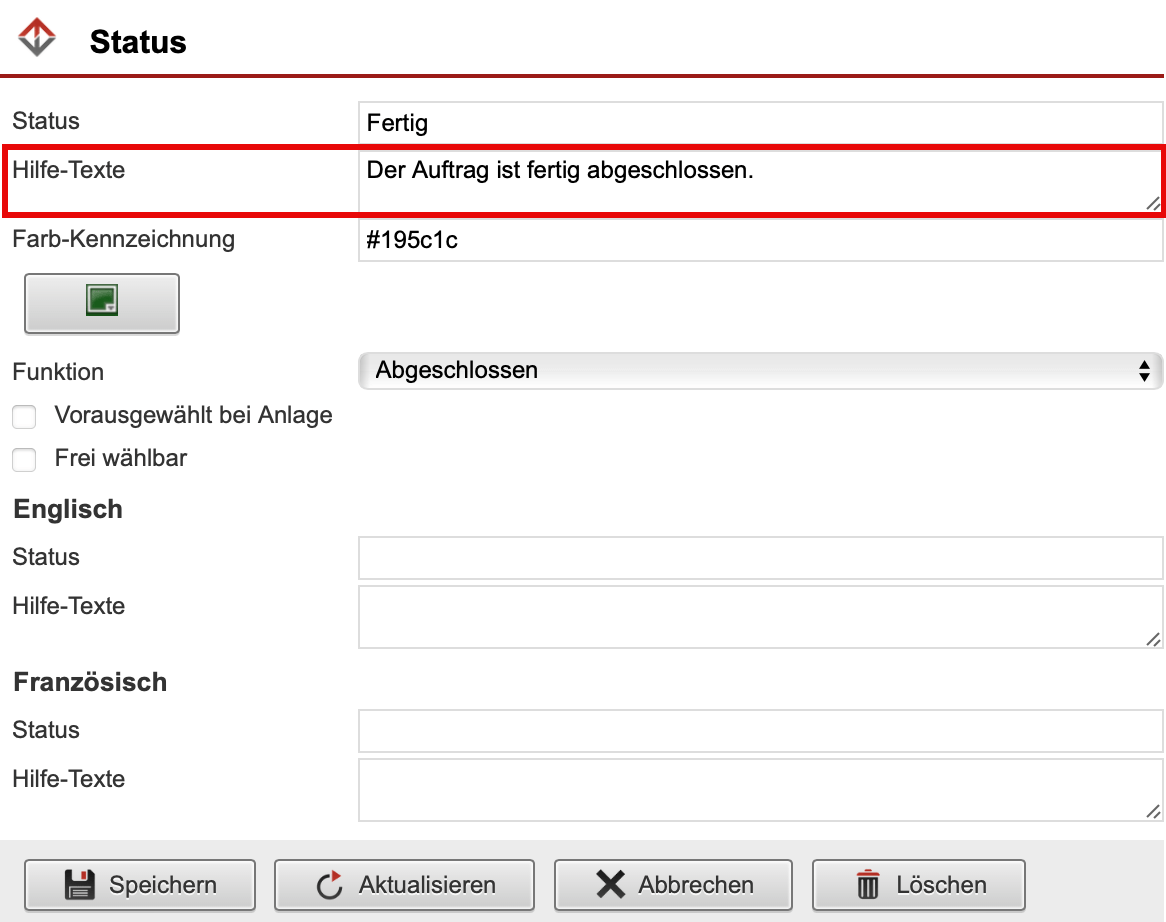 Screenshot Beispiel Status mit markiertem Feld